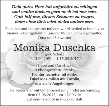 Traueranzeige von Monika Duschka von Mitteldeutsche Zeitung Bernburg