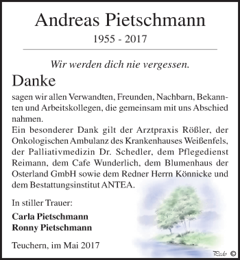 Traueranzeige von Andreas Pietschmann von Mitteldeutsche Zeitung Weißenfels