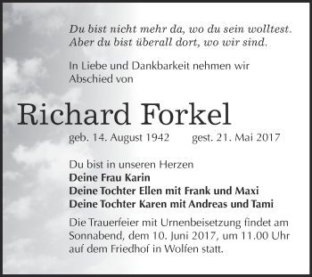 Traueranzeige von Richard Forkel von WVG - Wochenspiegel Bitterfeld