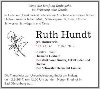 Traueranzeige von Ruth Hundt von Super Sonntag Merseburg