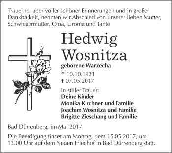 Traueranzeige von Hedwig Wosnitza von Super Sonntag Merseburg