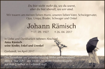 Traueranzeige von Johann Rämisch von Wochenspiegel Mansfelder Land