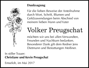 Traueranzeige von Volker Preugschat von Mitteldeutsche Zeitung Sangerhausen
