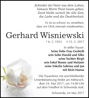 Traueranzeige von Gerhard Wisniewski von Super Sonntag SGH Mansf. Land