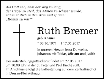 Traueranzeige von Ruth Bremer von Mitteldeutsche Zeitung Dessau-Roßlau