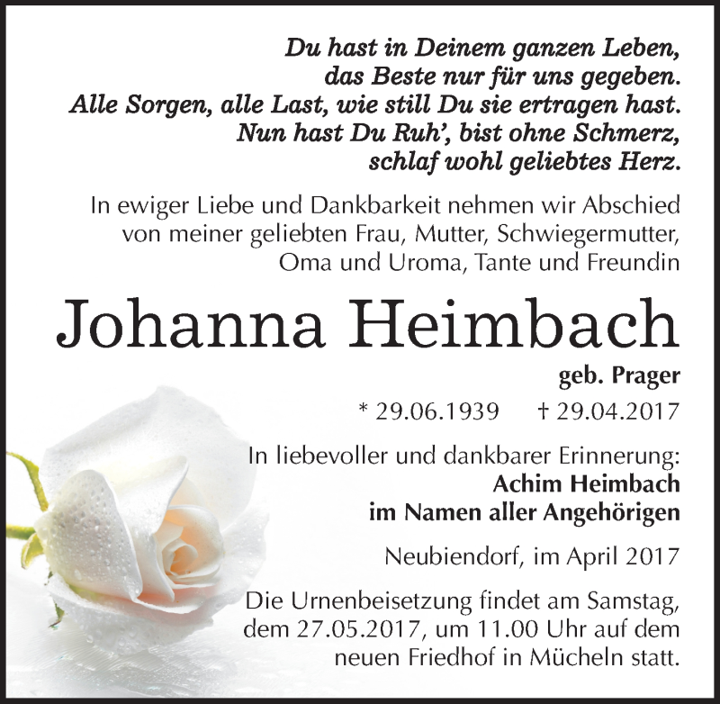  Traueranzeige für Johanna Heimbach vom 06.05.2017 aus Mitteldeutsche Zeitung Merseburg/Querfurt