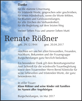 Traueranzeige von Renate Rößner von WVG - Wochenspiegel NMB / WSF / ZTZ