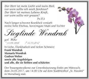 Traueranzeige von Sieglinde Wondrak von WVG - Wochenspiegel Merseburg