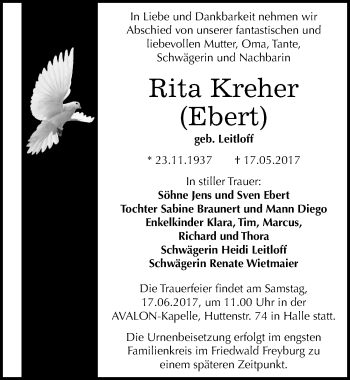 Traueranzeige von Rita Kreher von Mitteldeutsche Zeitung Halle/Saalkreis