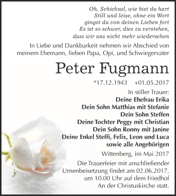 Traueranzeige von Peter Fugmann von Super Sonntag Wittenberg