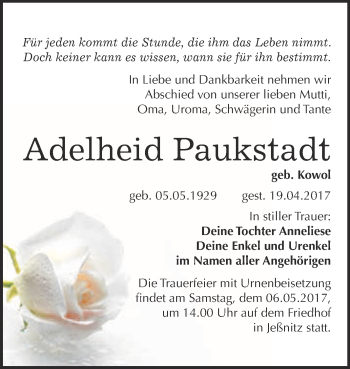 Traueranzeige von Adelheid Paukstadt von WVG - Wochenspiegel Bitterfeld