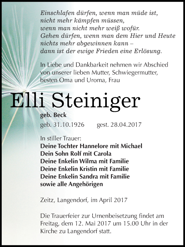  Traueranzeige für Elli Steiniger vom 06.05.2017 aus Super Sonntag Zeitz