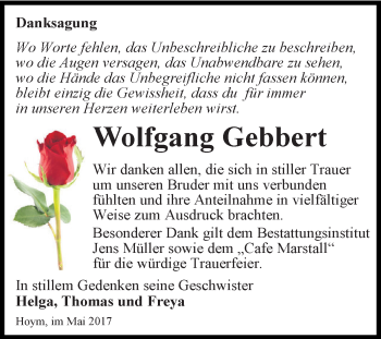 Traueranzeige von Wolfgang Gebbert von Super Sonntag Aschersleben