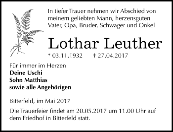 Traueranzeige von Lothar Leuther von Mitteldeutsche Zeitung Bitterfeld