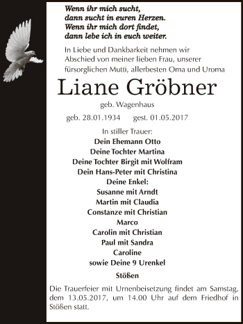 Traueranzeige von Liane Gröbner von WVG - Wochenspiegel NMB / WSF / ZTZ