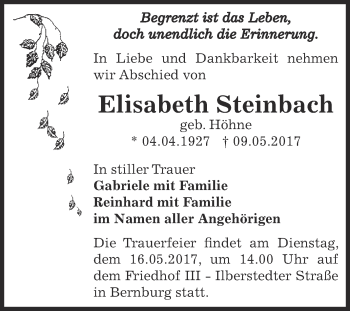Traueranzeige von Elisabeth Steinbach von Super Sonntag Bernburg