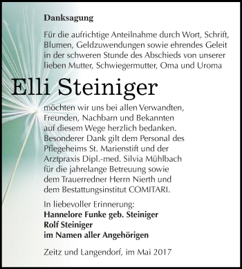 Traueranzeige von Elli Steiniger von Super Sonntag Zeitz