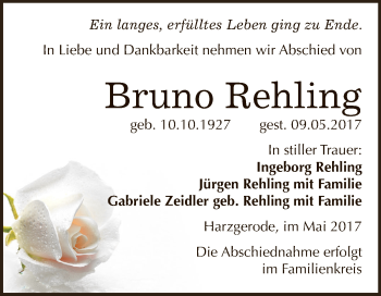 Traueranzeige von Bruno Rehling von Super Sonntag Aschersleben