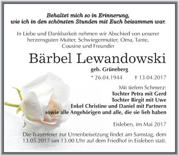 Traueranzeige von Bärbel Lewandowski von Mitteldeutsche Zeitung Mansfelder Land