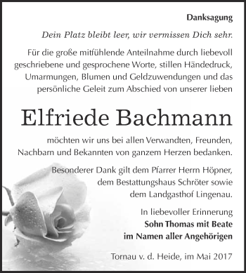 Traueranzeige von Elfriede Bachmann von WVG - Wochenspiegel Bitterfeld