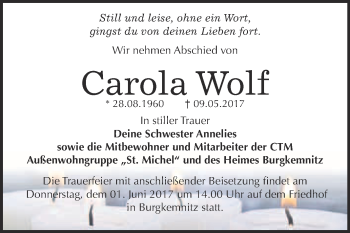 Traueranzeige von Carola Wolf von WVG - Wochenspiegel Bitterfeld