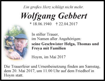 Traueranzeige von Wolfgang Gebbert von Super Sonntag Aschersleben