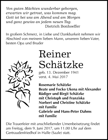 Traueranzeige von Reiner Schätzke von Mitteldeutsche Zeitung Halle/Saalkreis