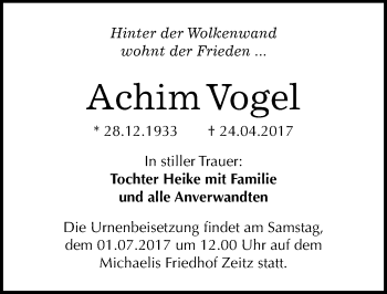 Traueranzeige von Achim Vogel von Mitteldeutsche Zeitung Zeitz