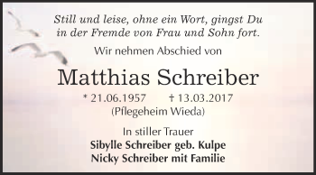 Traueranzeige von Matthias Schreiber von WVG - Wochenspiegel Merseburg