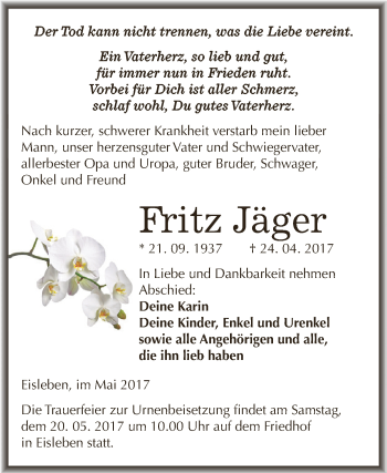 Traueranzeige von Fritz Jäger von Super Sonntag SGH Mansf. Land