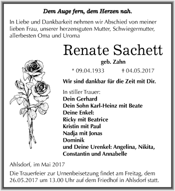 Traueranzeige von Renate Sachett von Mitteldeutsche Zeitung Mansfelder Land