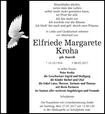 Traueranzeige von Elfriede Margarete Kroha von Mitteldeutsche Zeitung Naumburg/Nebra