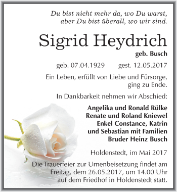 Traueranzeige von Sigrid Heydrich von Mitteldeutsche Zeitung Sangerhausen
