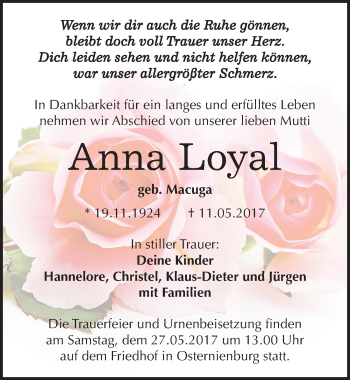 Traueranzeige von Anna Loyal von Mitteldeutsche Zeitung Köthen