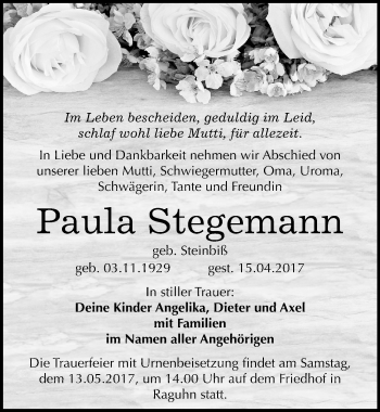 Traueranzeige von Paula Stegemann von Mitteldeutsche Zeitung Bitterfeld