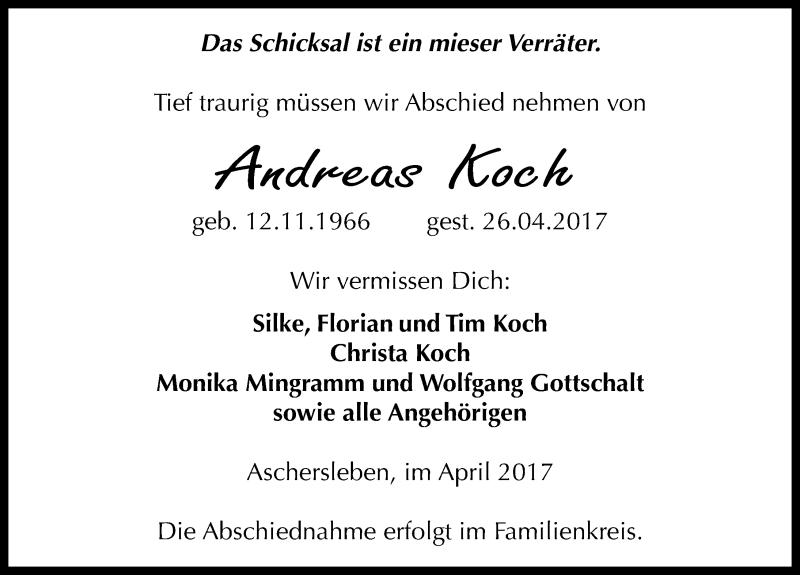  Traueranzeige für Andreas Koch vom 03.05.2017 aus Mitteldeutsche Zeitung Aschersleben