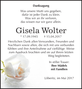 Traueranzeige von Gisela Wolter von Mitteldeutsche Zeitung Bitterfeld