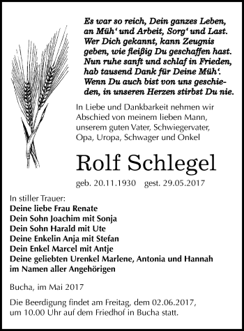 Traueranzeige von Rolf Schlegel von Mitteldeutsche Zeitung Naumburg/Nebra