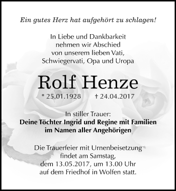Traueranzeige von Rolf Henze von Mitteldeutsche Zeitung Bitterfeld