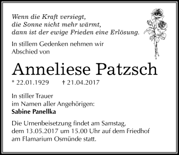 Traueranzeige von Anneliese Patzsch von Mitteldeutsche Zeitung Merseburg/Querfurt