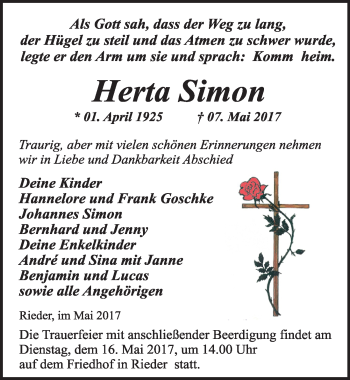 Traueranzeige von Herta Simon von Mitteldeutsche Zeitung Quedlinburg