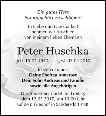 Traueranzeige von Peter Huschka von Mitteldeutsche Zeitung Bitterfeld