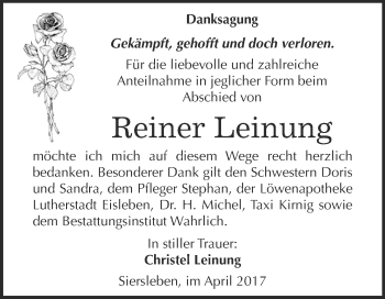 Traueranzeige von Reiner Leinung von Wochenspiegel Mansfelder Land