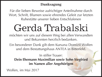 Traueranzeige von Gerda Trabalski von Mitteldeutsche Zeitung Bitterfeld