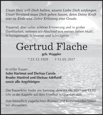 Traueranzeige von Gertrud Flache von WVG - Wochenspiegel Merseburg