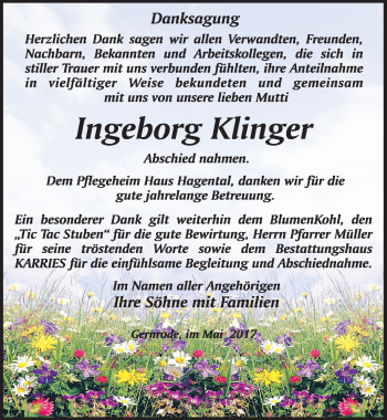 Traueranzeige von Ingeborg Klinger von Mitteldeutsche Zeitung Quedlinburg