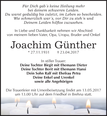 Traueranzeige von Joachim Günther von Mitteldeutsche Zeitung Bitterfeld