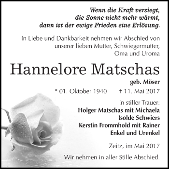 Traueranzeige von Hannelore Matschas von Super Sonntag Zeitz