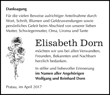 Traueranzeige von Elisabeth Dorn von Mitteldeutsche Zeitung Wittenberg
