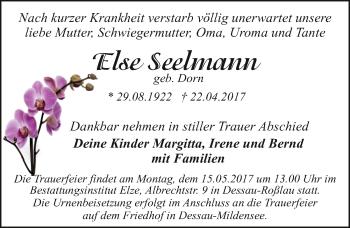 Traueranzeige von Else Seelmann von Mitteldeutsche Zeitung Dessau-Roßlau